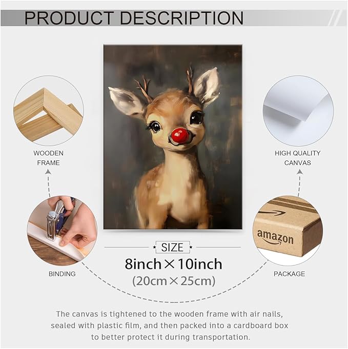 Christmas Reindeer Wall Art Winter Cute Whimsical Animal Canvas Poster 08x10 inch Framed Vintage Red Nose Deer Painting Prints for Rustic Living Room Bedroom Wall Decor