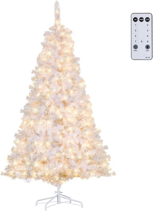 NALONE 6FT White Pre-Lit Christmas Tree with Remote Control and Timer, Artificial Full Spruce Christmas Tree with Warm White/Multi-Color Lights, 9 Lighting Modes