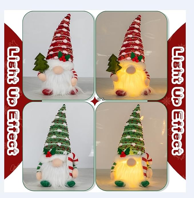 Christmas Gnome Decorations Indoor 11.4inch Light Up Christmas Gnomes Plush Home Decor Leprechaun Hold Candy Cane Ornaments with LED Lights Elf Tiered Tray Xmas Gifts Decor (Set of 2)