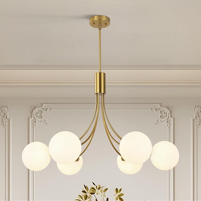 6-Light Modern Gold Sputnik Chandelier Mid Century Brushed Brass Light Fixture with Milk Glass Globes for High Ceiling Dining Room Kitchen Island Living Room