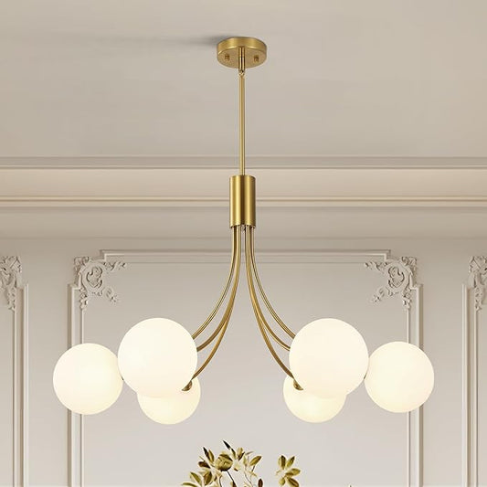 6-Light Modern Gold Sputnik Chandelier Mid Century Brushed Brass Light Fixture with Milk Glass Globes for High Ceiling Dining Room Kitchen Island Living Room