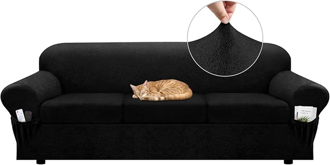 Sofa Slipcover with Armrest Pockets 4-Piece Set, Stretch Faux Leather Extra Large Couch Covers for 3-Cushion Couches(Fits 98-112") - Machine Washable, Pet & Kid Friendly - Black
