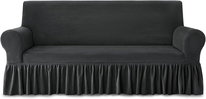 NICEEC Sofa Cover Thick Plush 1-Piece Warm Grey Sofa Slipcover for Sofas Stretch Fluffy Couch Covers for Living Room Easy Fit Washable Soft Furniture Sofa Protector with Skirt