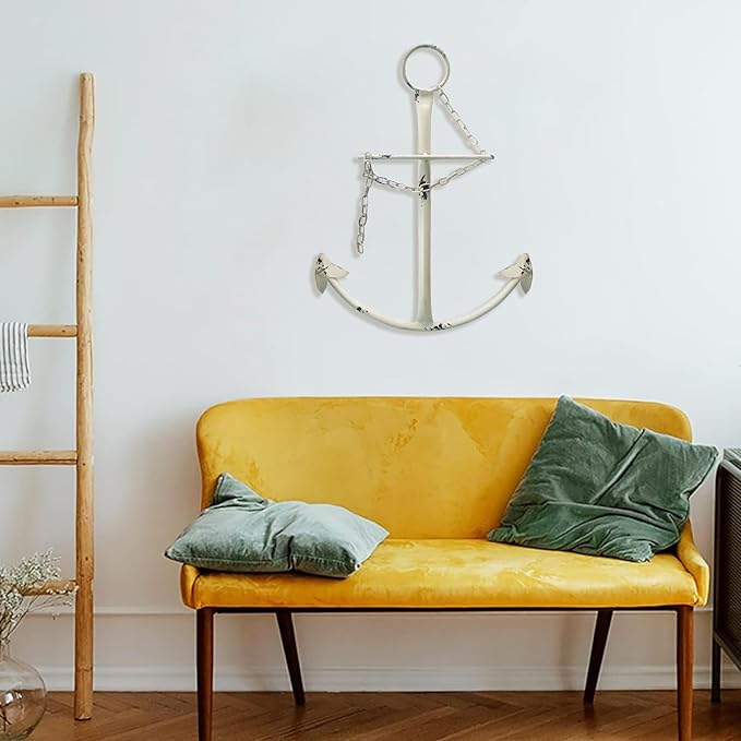 Nautical Anchor Wall Decor,Antique Metal Anchor Art Wall Decor With Chain for Bedroom Living Room Dorm Home/13" Antique Anchor with Chain Wall Decor,Antique Metal Anchor Farmhouse Decor(Creamy White)