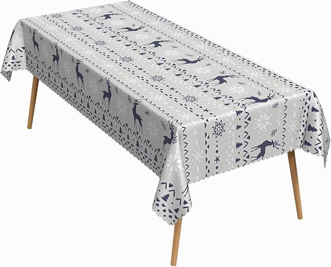 60x102 Inch Xmas Theme Rectangle Tablecloth Navy Gray Reindeer Snowflake Pine Geometric Stripe Table Cloth Washable Durable Table Cover for Kitchen Dining Banquet Ugly Christmas Sweater Party
