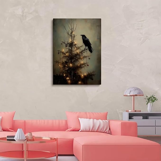 Raven on Christmas Tree Wall Art,Gothic Crow,Dark Academia,Wildlife Painting,Dark Christmas Tree Branch for Cottagecore Farmhouse Decor