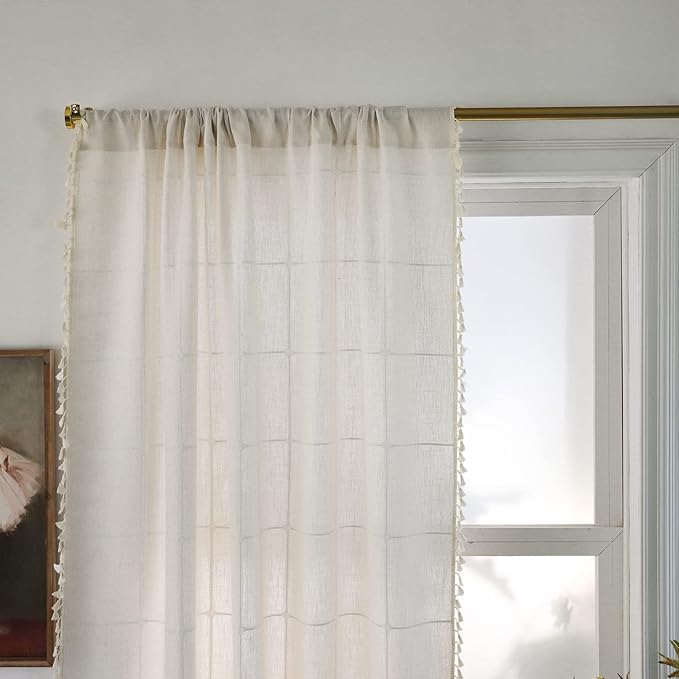 Sutuo Home Boho Curtain for Bedroom 96 Inch Length, Light Filtering Country Farmhouse Vintage Chic Tassels Window Treatment Bohemian Grid Drape for Decor 1 Panel 52" W x 96" L, Cream White Plaids