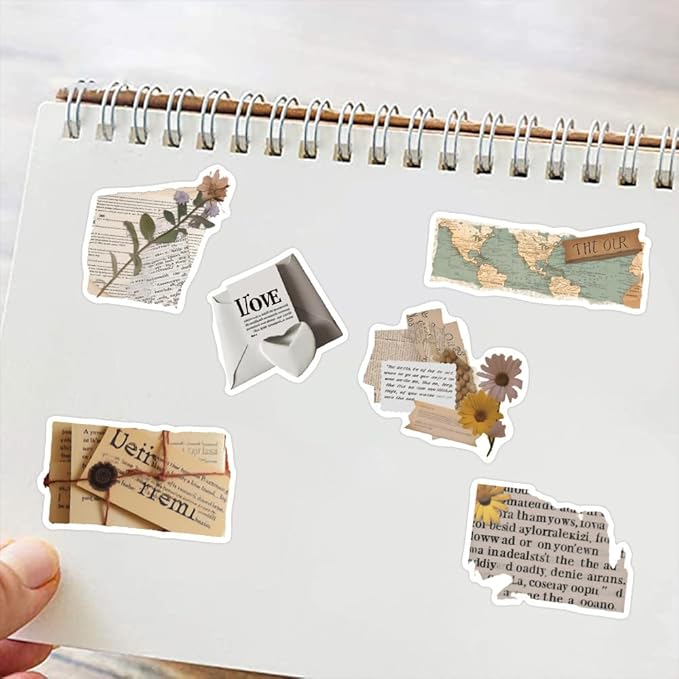 Yoksas 50Pcs Vintage Old Antique Newspaper Words Stickers - Cottagecore Old Looking Stickers for Scrapbook Supplies,Journaling,Planner,Laptops