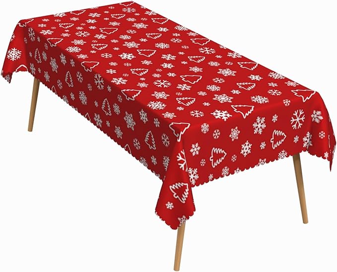 54x78 Inch Christmas Theme Rectangle Tablecloth Abstract Christmas Tree Snowflakes Holiday Red Table Cloth Washable Durable Table Cover for Kitchen Dining Home Banquet Xmas Party Decor