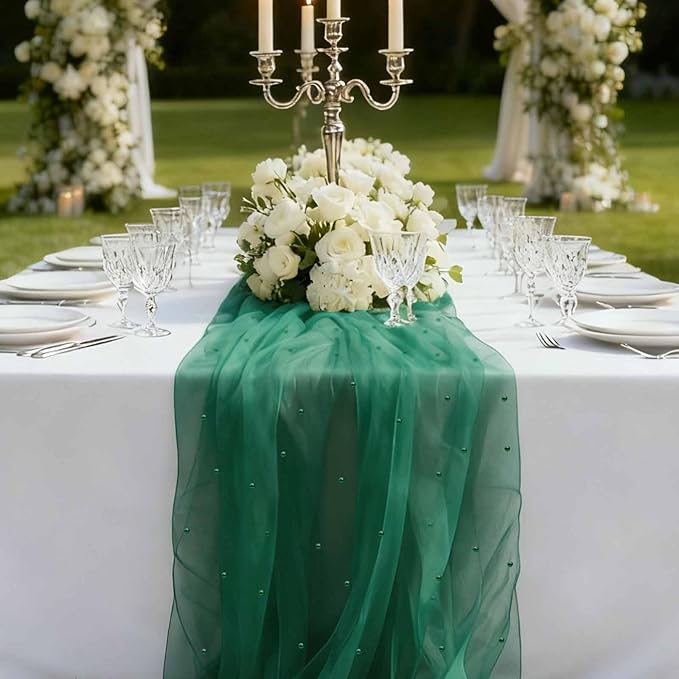 WELTRXE Pearl Table Runner 30 x 120 Inch 10 FT Long, Green Gauze Table Runners, Rustic Boho for Wedding Arch Birthday Party Bridal Veil Baby Shower Decorations