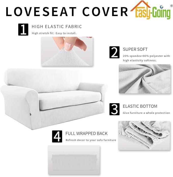 Easy-Going 2 Pieces Microfiber Stretch Sofa Slipcover - Spandex Soft Fitted Sofa Couch Cover, Washable Furniture Protector with Elastic Bottom Kids, Pet (Medium, Snow White