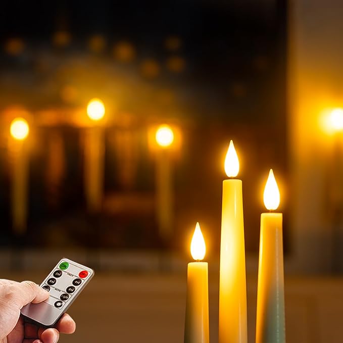 Homemory Wax Window Candles with Remote Timer Dimmer, Battery Operated Candlesticks with Holders, Christmas LED Candlesticks for Window Home Part Decor, 6 Pcs Ivory