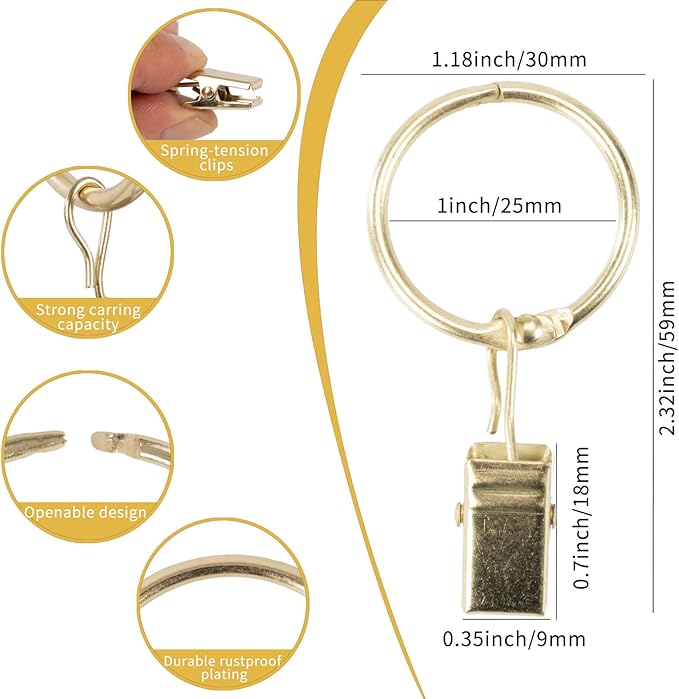 Openable Curtain Rings with Clips,1inch Inner Diameter,Heavy Duty Rustproof Metal Decorative Vintage Drapery Rings Curtain Clips Rod Hangers Door Curtain and Shower Curtain Rings Gold Zocang