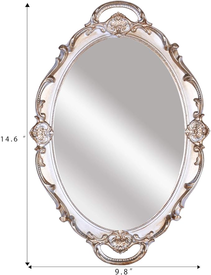Oval Vintage Decorative Mirror Tray, Jewelry Dresser Organizer Tray, Cosmetics Makeup Storage Organizer, Serving Tray (9.8”x 14.6”) Gray