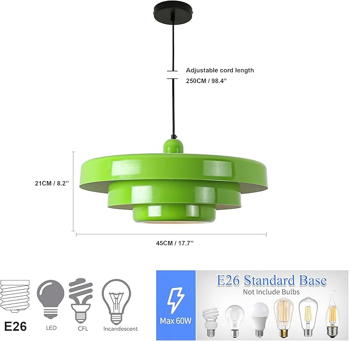 Modern Large Pendant Light Fixture, 17.7 inch Vintage Green Ceiling Hanging Lamp with 3-Layer Metal Shade, Height Adjustable, Mid Century Chandelier for Kitchen Island Lighting,Dining Room