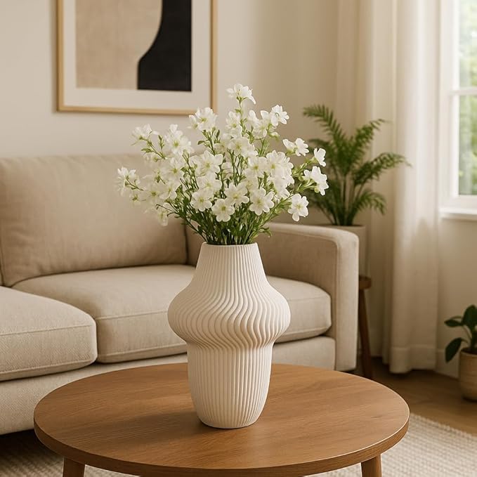 Texture Ceramic Vase for House Decor - 3D Printed Design, Perfect as a Flower Vase for Bedroom, Table, and Office Display - Modern Sculpted Home Accent for Room and Living Room Decor – 10", Ivory