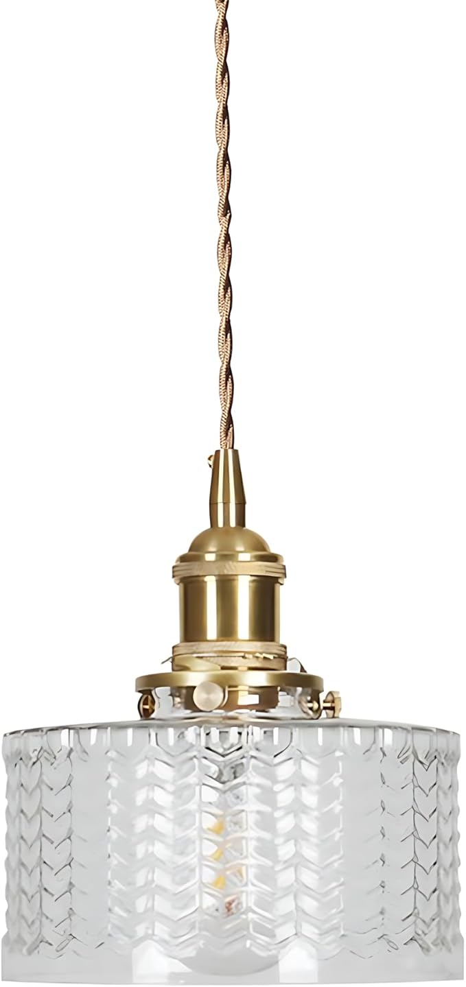 Vintage Pendant Light Fixtures, Brass Socket with ON/Off Switch and Green Glass Lamp Shade Pendant Light for Kitchen Island Farmhouse Living Room (Transparent,Scaly)