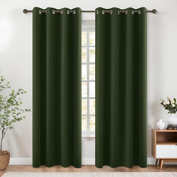 KOUFALL Dark Olive Green Blackout Curtains 84 Inches Long Moss Green Vintage Curtain with Bronze Gold Grommets,Natural Boho Mid Century Modern Curtains & Drapes for Living Room Bedroom