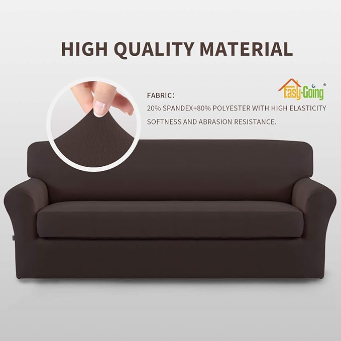 Easy-Going 2 Pieces Microfiber Stretch Sofa Slipcover – Spandex Soft Fitted Sofa Couch Cover, Washable Furniture Protector with Elastic Bottom Kids,Pet (Sofa, Chocolate