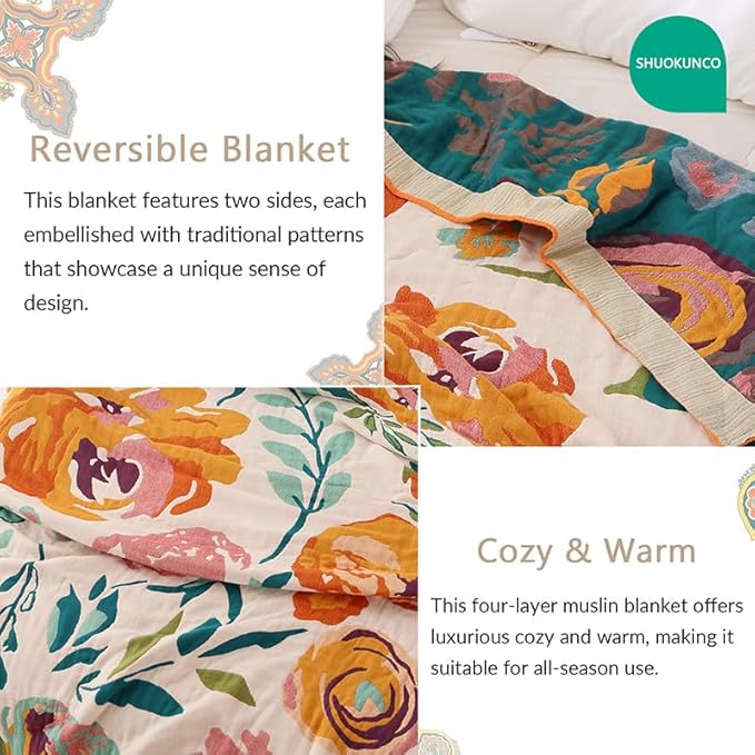 Boho Throw Blanket for Bed 100% Cotton Ultra Soft Rustic Quilt Fall Blanket Bird Floral Printed Farmhouse Decor Bed Blankets,80"×90" All Season Rustic Throw for Sofa Couch Chair