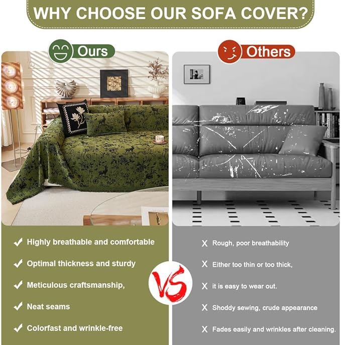 ROOMLIFE Green Couch Cover Sofa Covers, Chenille Couches Covers for 3 Cushion Sofas, Non Slip Soft Breathable Sofa Slipcovers for Pet, Washable Furniture Protector with Tassel,71''X134”
