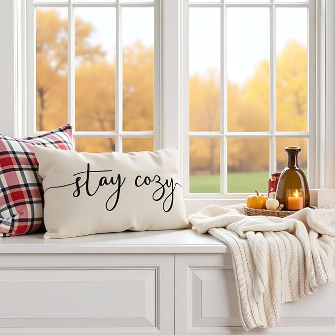 PANDICORN Throw Pillow Cover 12x20 Inch Cream, Stay Cozy Decorative Lumbar Cushion Case for Couch Sofa Bed, Neutral Farmhouse Home Decor for Living Room or Entryway Bench Decoration