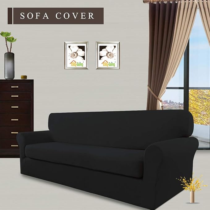 Easy-Going 2 Pieces Microfiber Stretch Sofa Slipcover – Spandex Soft Fitted Sofa Couch Cover, Washable Furniture Protector with Elastic Bottom Kids,Pet (Oversized Sofa, Black)
