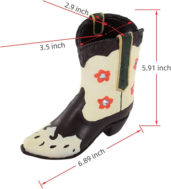 Rustic Cowboy Boot Resin Figurine – Brown & Cream Western Boot Sculpture with Red Flowers – Vintage Farmhouse Country Decor Accent – 6.89” Handicraft Personalized Gift (Brown)