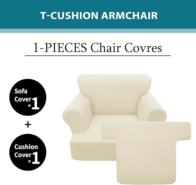 2 Pieces T Cushion Chair Covers with Arms Super Stretch Chair Slipcover for Living Room Pet Dog Universal Slip Cover Anti Slip Armchair Furniture Protector (Light Yellow, 1 Cushion)
