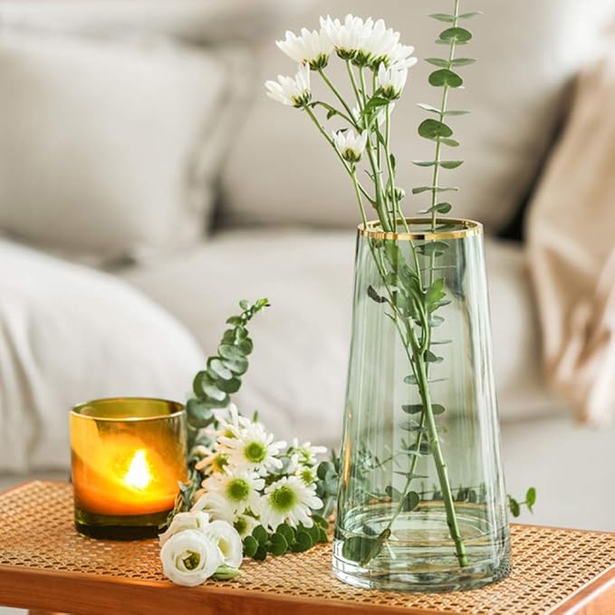 10“ Green Glass Vase with Gold Mouth for Centerpieces Home Wedding Decoration