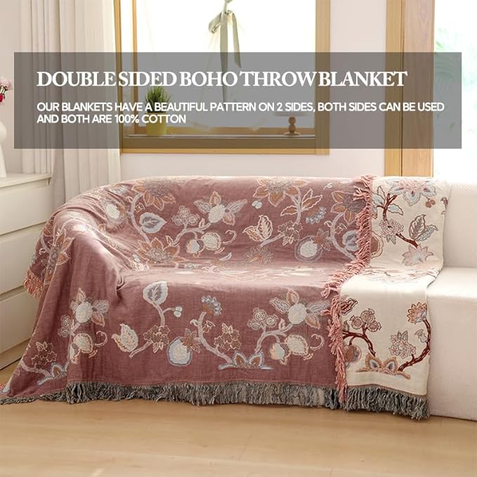 Boho Throw Blanket, 100% Cotton Ultra Soft Luxury Throw Rustic Quilt, Muslin Breathable Soft Bed Throw ，All Throw for Sofa Couch Chair 80×90 Inch