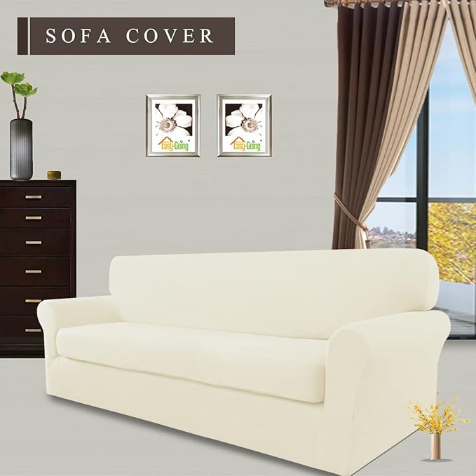 Easy-Going Stretch Sofa Slipcover, 2-Piece Sofa Cover Furniture Protector Couch Microfiber Super Soft Sturdy with Elastic Bottom Pets, Kids, Children (Sofa, Ivory)