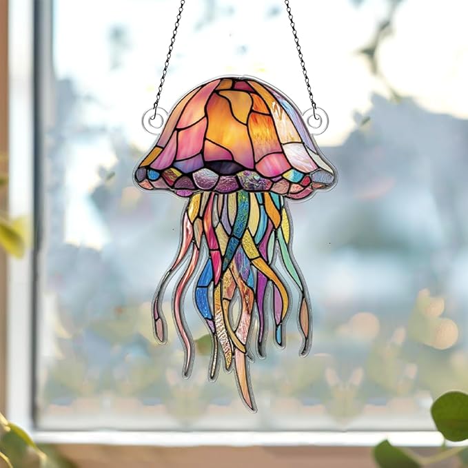 Jellyfish Ornaments Decor for Window Hanging, Jellyfish Lover Gifts for Women Men, Sea Animal Home Wall Room Decorations, Christmas 2D Flat Acrylic Ornamnet