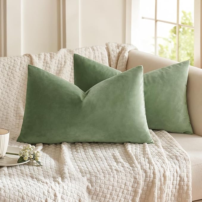 MIULEE Pack of 2 Sage Green Pillow Covers 12x20 Inch Decorative Velvet Throw Pillow Covers Modern Soft Couch Throw Pillows Farmhouse Home Decor for Spring Sofa Bedroom Living Room