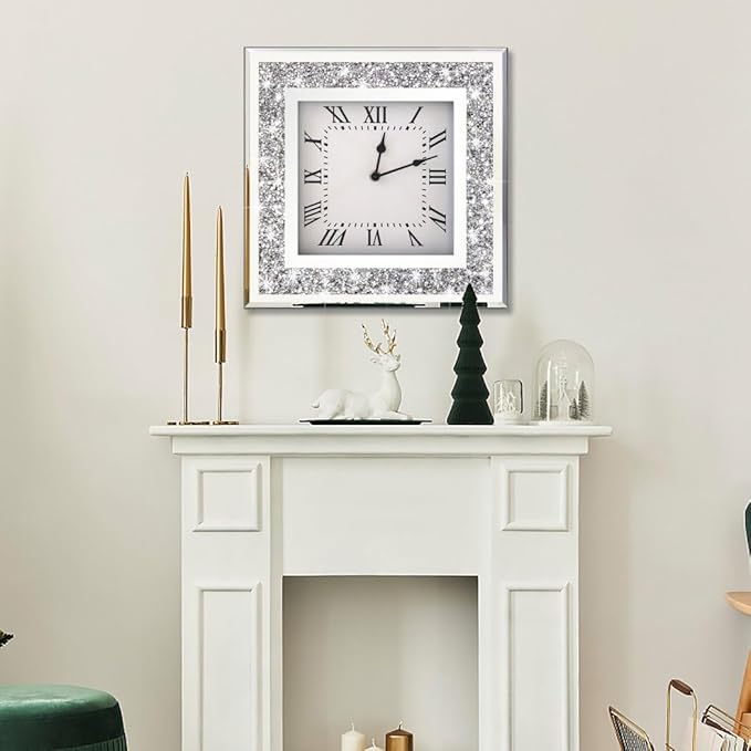 DMDFIRST Crystal Crush Diamond Mirrored Square Wall Clock with Sparkle Twinkle Bling Decor for Decoration, 16x16 inch Decorative Silver Mirror Quartz Home Decor. AA Battery not Included