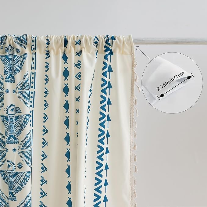 Boho Curtains Geometric Light Filtering Semi-Blackout Window Curtains 96 Inches Long Rod Pocket Drapes for Living Room 2 Panels-Blue Totem