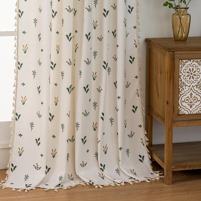 F-CHU Country Floral Curtains 72 Inch Length Cotton Linen Boho Window Curtain with Tassel Rod Pocket Bedroom Macrame Drapes Flower Curtains, 2 Panel 55" W x 72" L Curtains