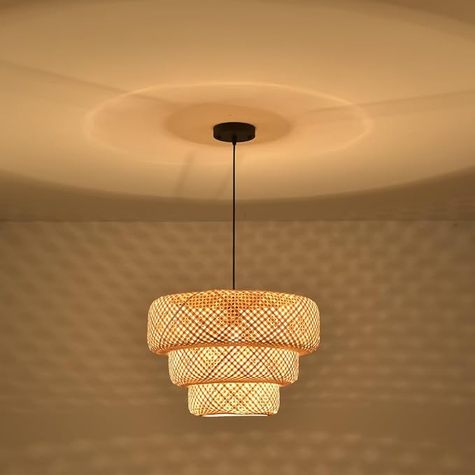18.12 Inch Bamboo Pendant Light 3-Tier Hand Woven Rattan Pedant Light for Kitchen Dining Room Bedroom Living Room Kitchen Island Coastal Pendant Light