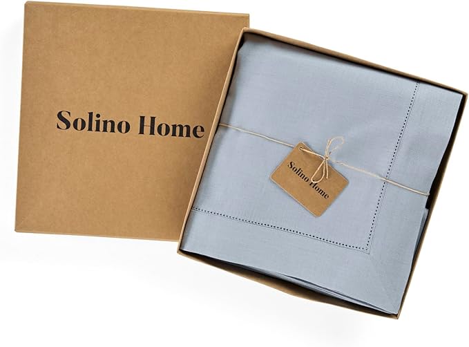 Solino Home Dusty Blue Linen Tablecloth 60 x 90 Inch - 100% Pure Linen Hemstitch Table Cloth for Rectangle Tables - Classic Hemstitch, Machine Washable Tablecloth for Fall, Autumn, Thanksgiving