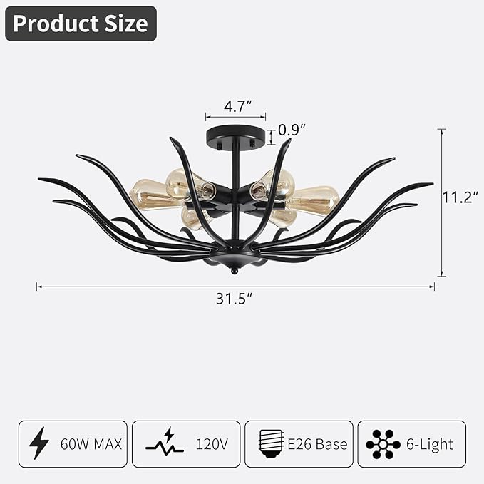 Semi Flush Mount Ceiling Light, 6 Lights Modern Black Light Fixture for Farmhouse Kitchen Dining Room Bedroom Living Room Hallway