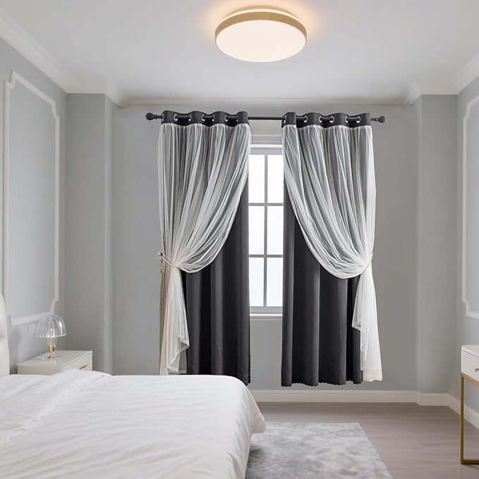 Anytime Home Curtains Blackout and Sheer Layered Solid Window Curtain Panel Pair with Grommet Top, 52Wx72L,Black