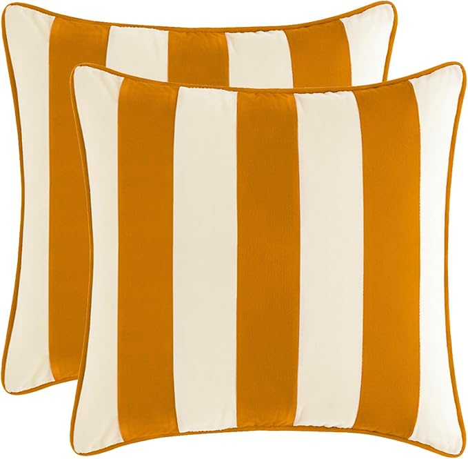 MONDAY MOOSE Decorative Throw Pillow Covers Cushion Cases, Set of 2 Soft Velvet Striped Piping Edge Designs, Pillow Inserts Not Included (Honey/Cream, 20x20 inch)