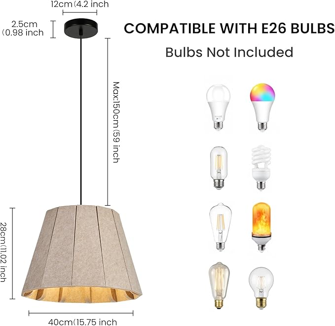 Pendant Light with Felt Lampshade, Modern Hanging Lamp Fixture, DIY Acoustic Pendant Light Chandeliers for Kitchen Island, Living Room, Dining Room, Bedroom, Office (D15.7"x11")