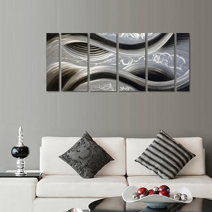 Handcrafted Abstract Metal Wall Art with Soft Color, Large Scale Decor in Black Line Design, 3D Artwork for Indoor Outdoor Wall Decorations, 6-Panels Metal Art Measure 24"x 65"