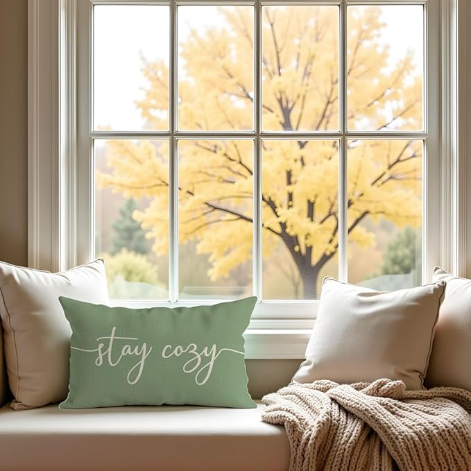PANDICORN Stay Cozy Sage Green Pillow Cover 12x20 Inch, Lumbar Decorative Cushion Case for Sofa Couch or Bed, Rustic Farmhouse Home Decor for Living Room or Entryway Bench