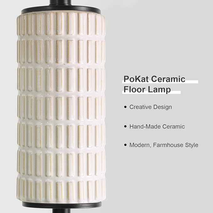 PoKat 64'' Ceramic Floor Lamp for Living Room Bedroom, Modern Standing Lamp with Rotary Switch, Farmhouse Tall Living Room Lamp for Hallway Corner, Home Office, Nursery, Matte Black