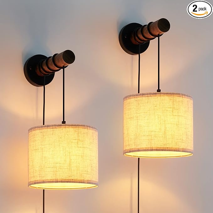 Wall Sconces Set of Two, Plug in Sconces Wall Lighting with Fabric Shade, Farmhouse Wall Lamps with Plug in Cord, Rustic Wall Lights with Wood Arm and On/Off Switch for Bedroom, Living Room