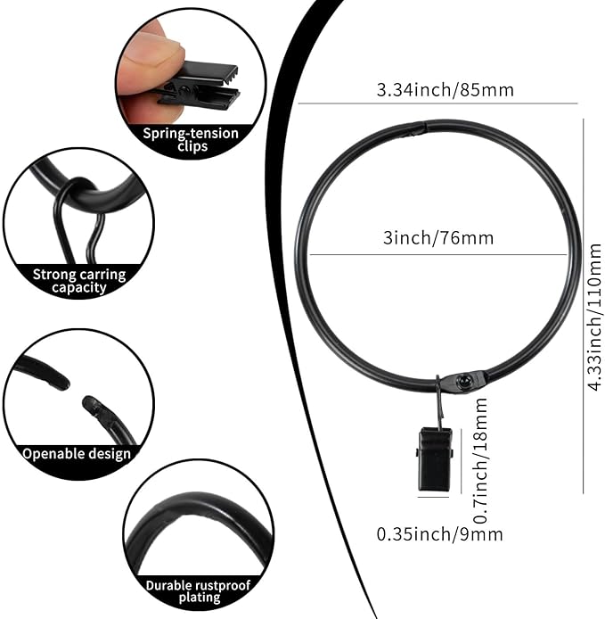 Openable Curtain Rings with Clips,3inch Inner Diameter,Heavy Duty Rustproof Metal Decorative Vintage Drapery Rings Curtain Clips Rod Hangers Door Curtain and Shower Curtain Rings Black Zocang