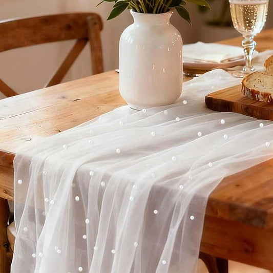 WELTRXE Pearl Table Runner 120 Inch 10FT, White Gauze Table Runners, Rustic Boho for Holiday Wedding Decor, Home Party ,Baby Shower, Birthday Party