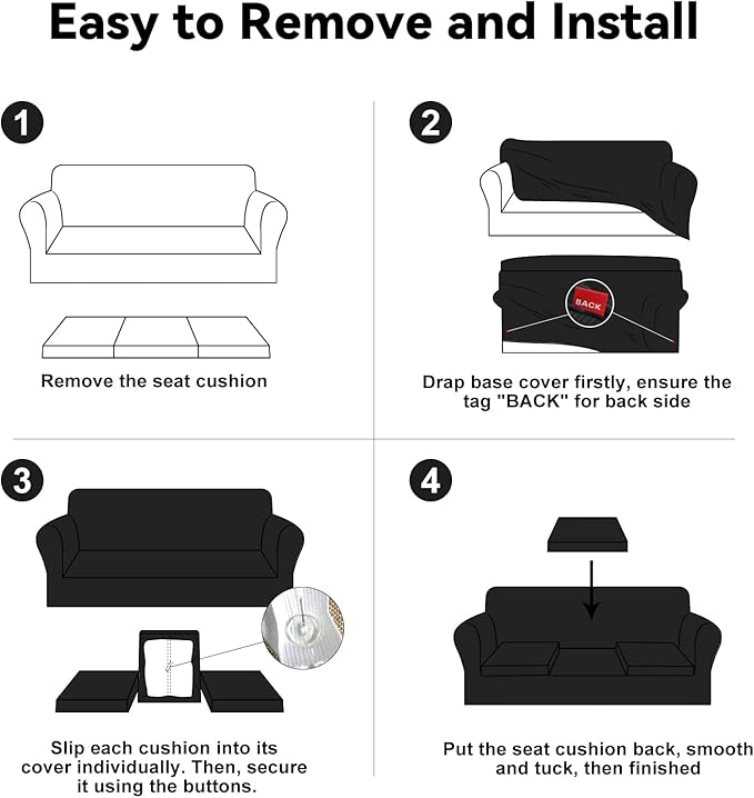 100% WaterproofCouch Cover 4-Piece Set Striped Sofa Slipcovers for 3 Cushion Couch Sofa Covers with TPU Leakproof Bottom Stretch Couch Protector Pet Proof - Sofa(3-Cushion), Black